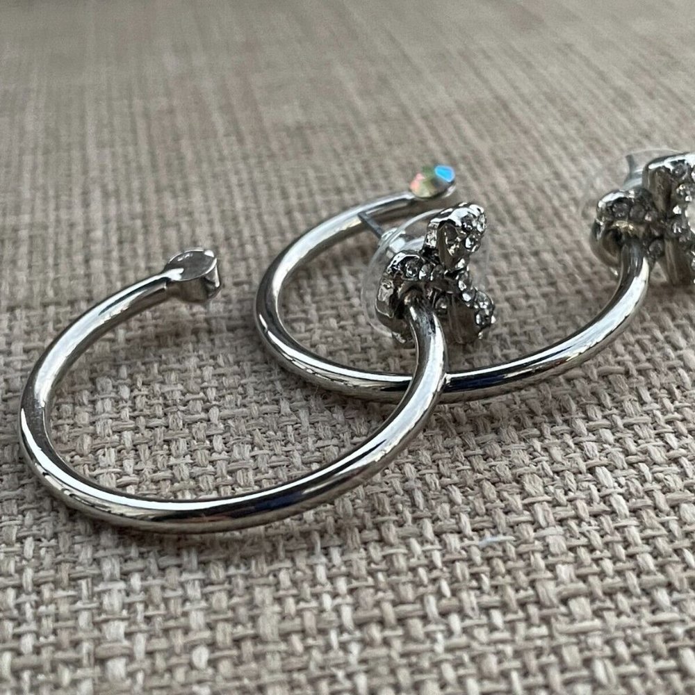 Guess Women Earrings Silver Tone Crystal Bow Hoops Jack Post New - Picture 11 of 11